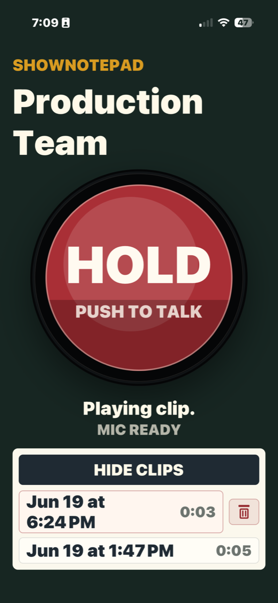 ShowNotePad iPhone companion app with push-to-talk audio capture and saved clips.
