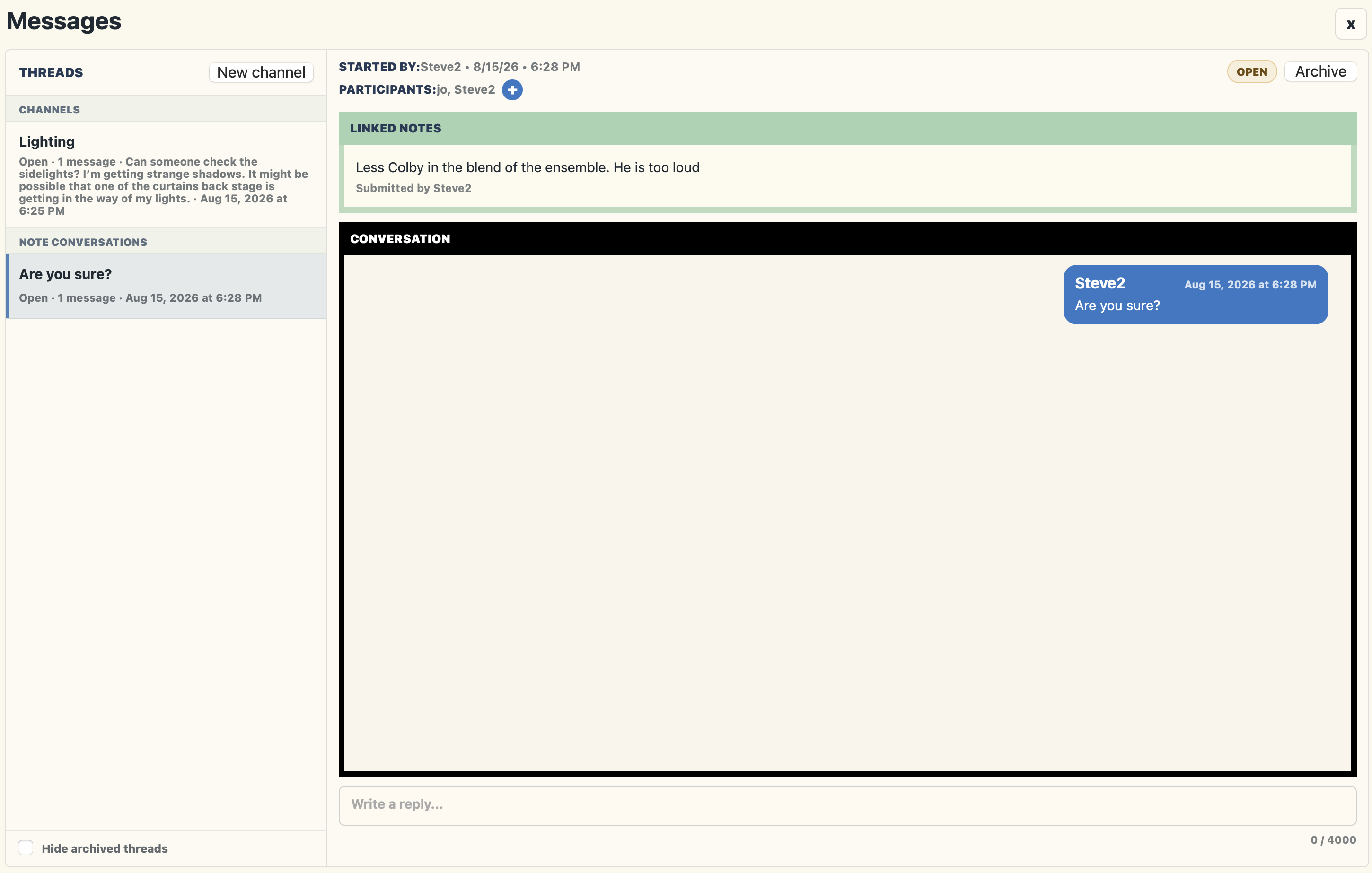 ShowNotePad Messages window with a department channel, linked production note, participants, and owner-visible conversation.
